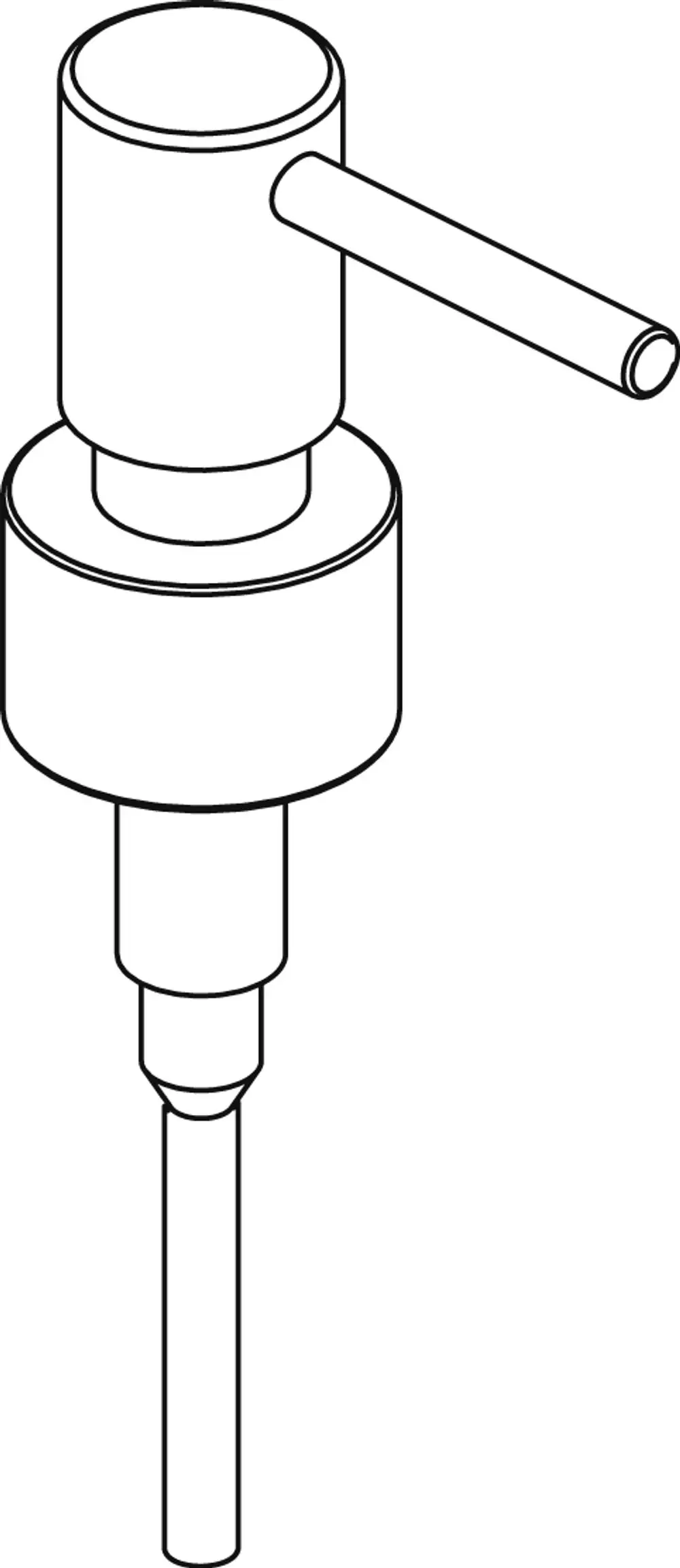 Ideal Standard Pumpe in Chrom-Design, bestehend aus einem oberen Zylinder mit Auslassrohr und einem konischen unteren Bereich für Flüssigkeitsabgaben.